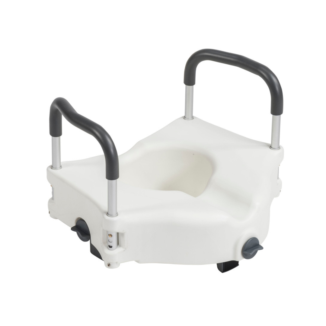 The Drive PreserveTech⢠Secure Lock Raised Toilet Seat - 5" Rise features secure locking and two adjustable padded armrests to assist individuals with limited mobility.